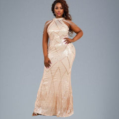 Model wearing beige LINA mermaid gown, showcasing the full sequined effect.