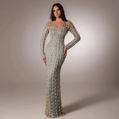 Luxury Sage Green Dubai Evening Dresses Mermaid Muslim Long Sleeves SS398