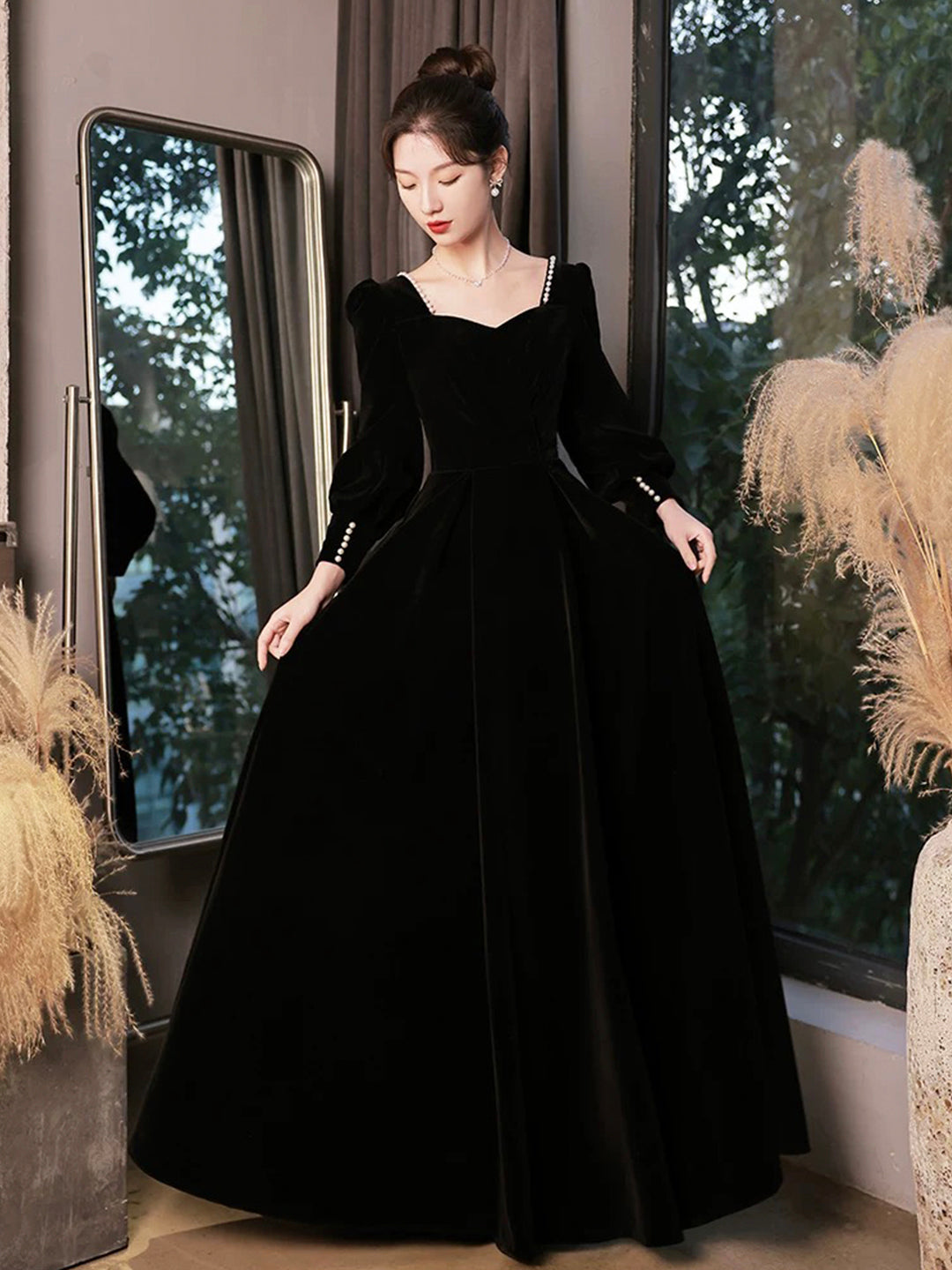 Black Velvet Long Sleeve Formal Dress, A-Line Floor Length Evening Dress