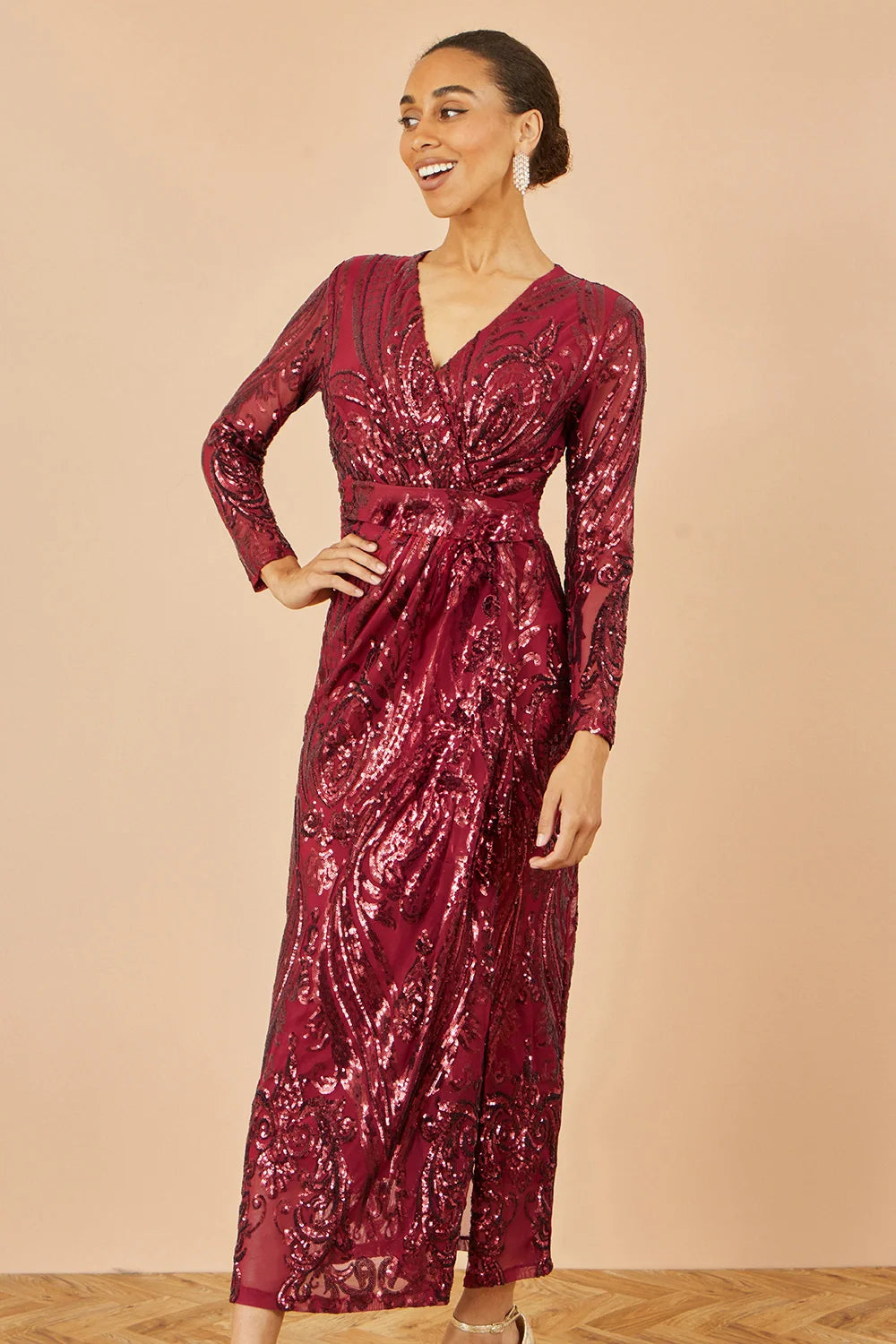 Yumi Red Sequin Midi Wrap Dress With Split Hemline And Long Sleeves Dress Party Yumi
