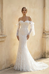 Lace Mermaid Covered-Button Long Sleeve Train Wedding Dress