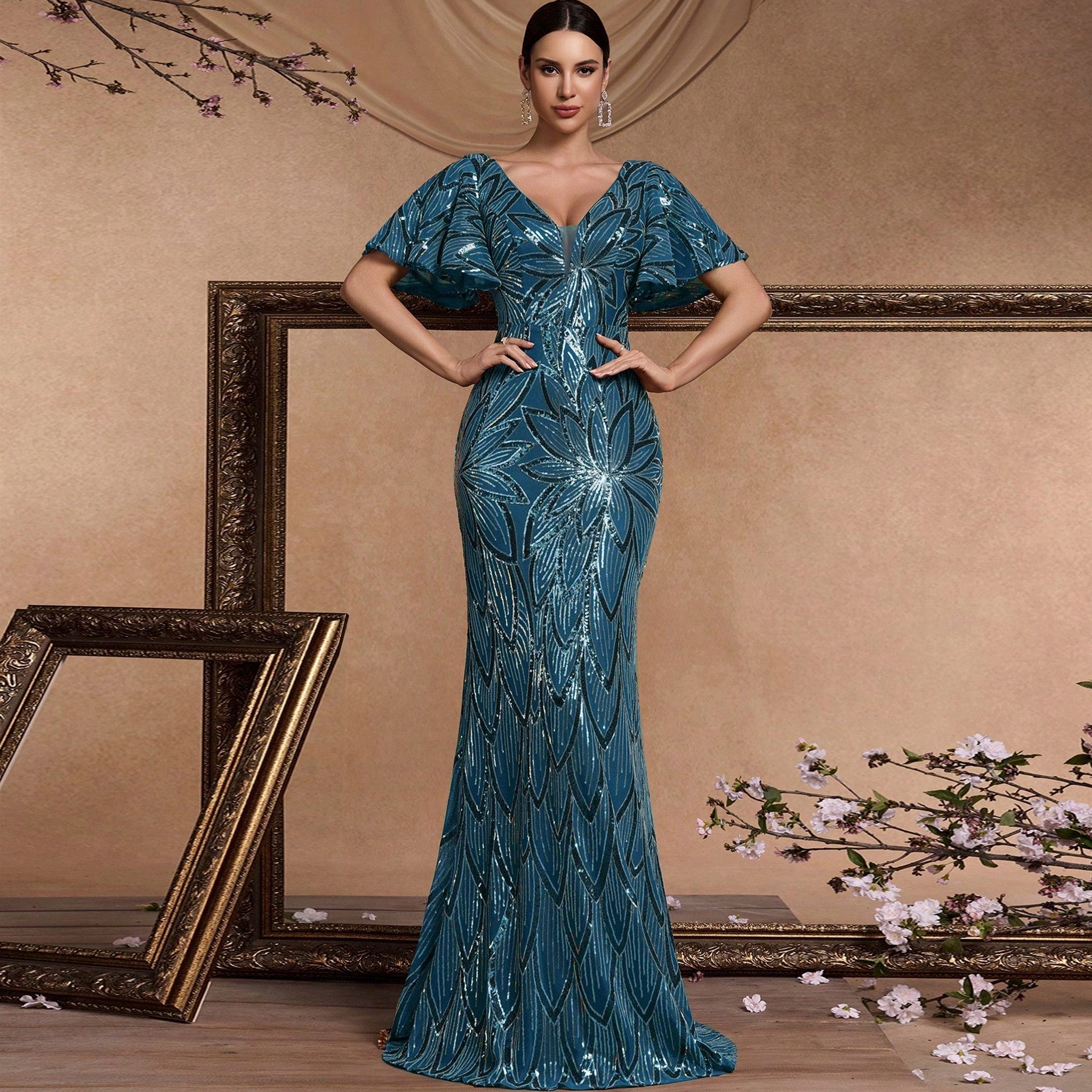 Mermaid Prom Dress Formal Gown Floor Length Short Sleeve V Neck V Back with Sequin - Rosymae