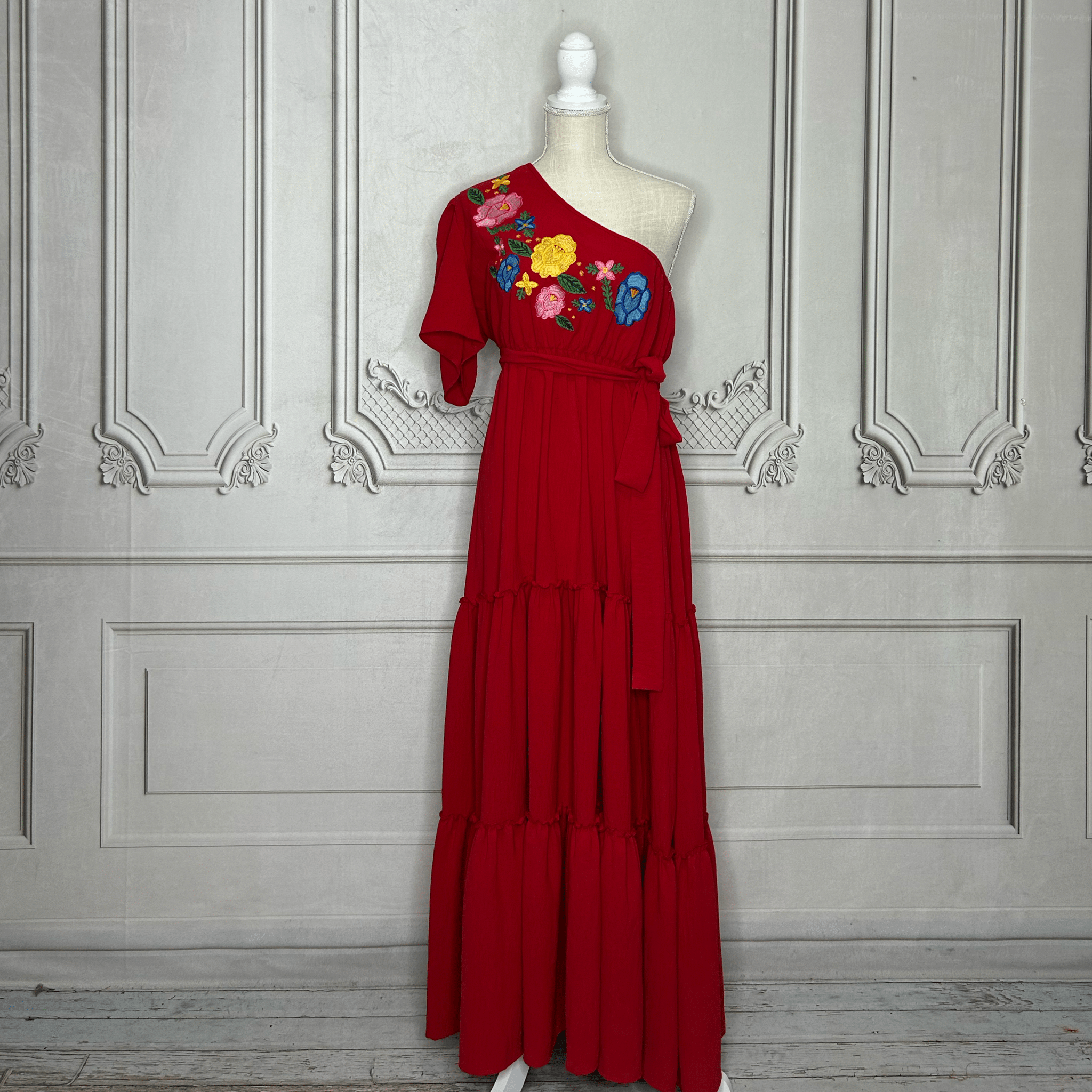 Mexican Embroidered One Shoulder Tiered Maxi Dress Mexican Embroidered One Shoulder Tiered Maxi Dress