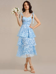 Bow Straps Floral Lace Tiered Wedding Guest Dresses #color_Ice Blue