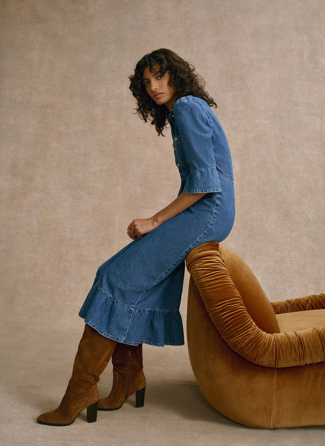 Indigo Denim Ruffle Midi Shirt Dress