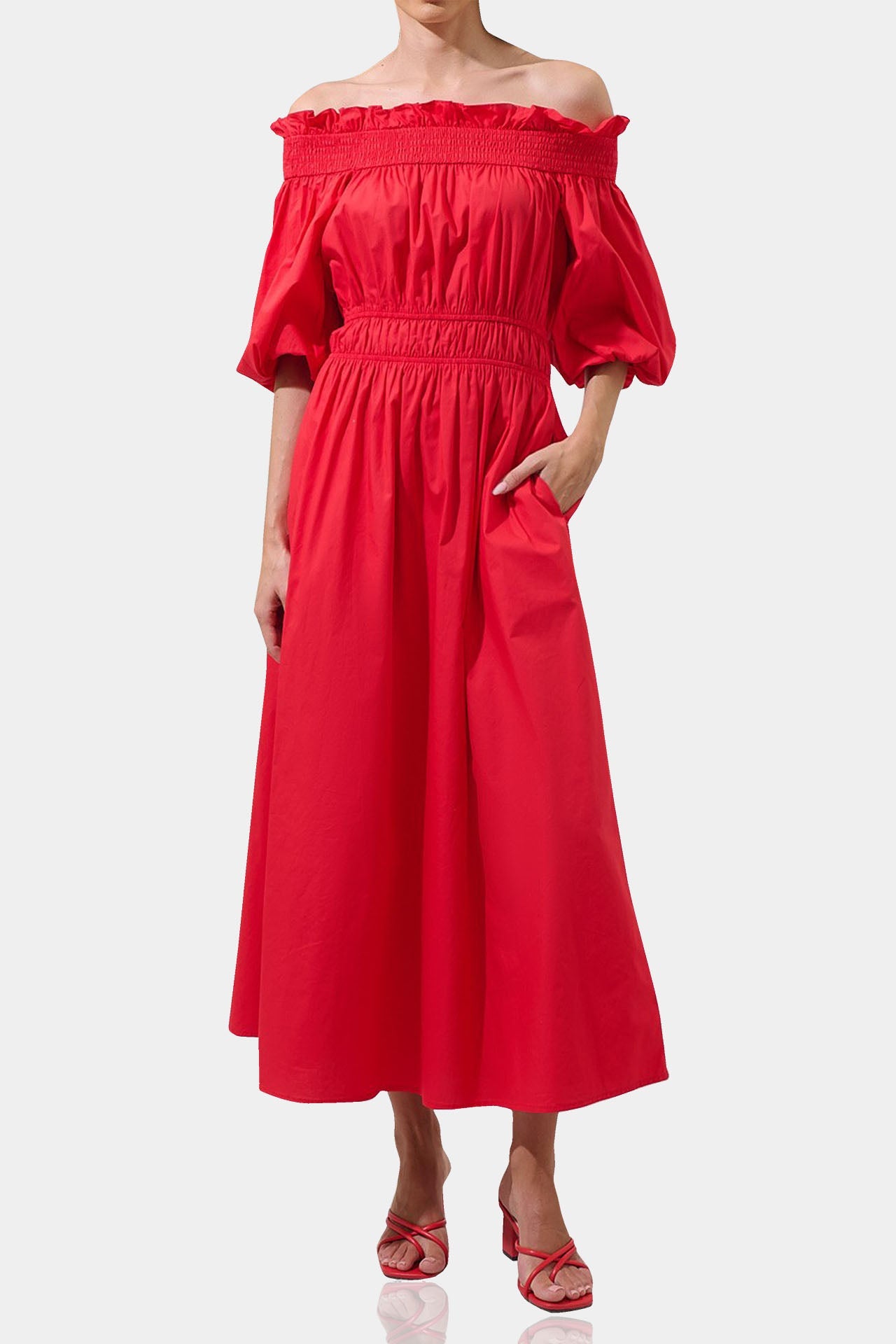 off shoulder dress,
midi party dresses for women,
dark red dress,
Kyle X Shahida,