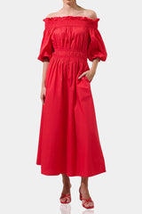 off shoulder dress,
midi party dresses for women,
dark red dress,
Kyle X Shahida,