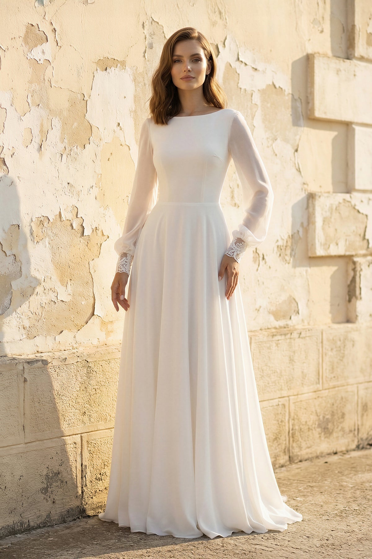 Modest A-Line Long Sleeve Floor Length Train Simple Casual Chiffon Bateau V-Back Wedding Dress– Wedding Dresses by KissProm | Available at KissProm
