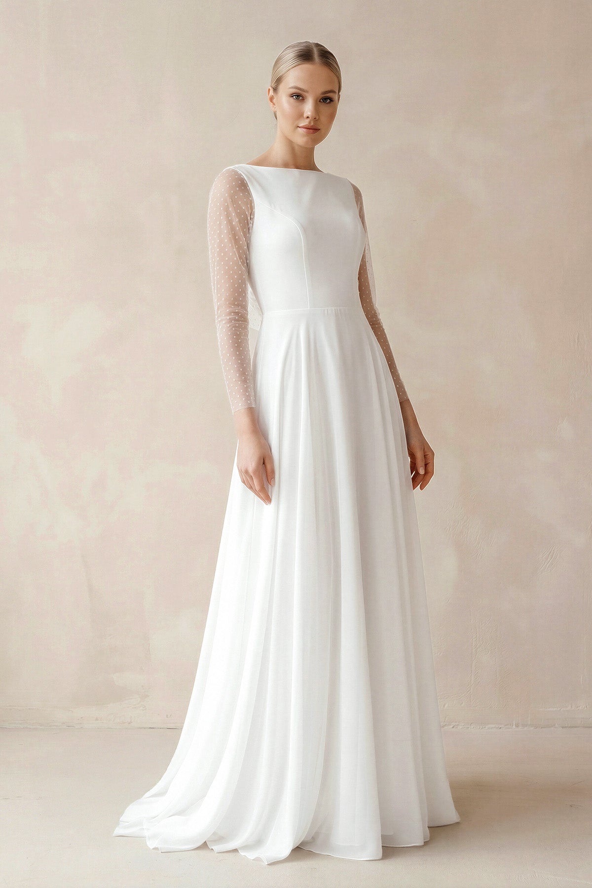 A-Line Chiffon Maxi Wedding Dress Minimalist Sleeved Pearl Button Low Back Bridal Gown – Wedding Dresses by KissProm | Available at KissProm