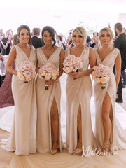 Modest Champagne Long Bridesmaid Dresses with Slit Viniodress VB1003-bridesmaid dresses 2025 -Viniodress-Champagne Blush-Custom Size-