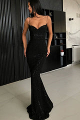Glamorous Black V-neck Mermaid Spaghetti-Strapes Sequins Prom Dresses, MP462