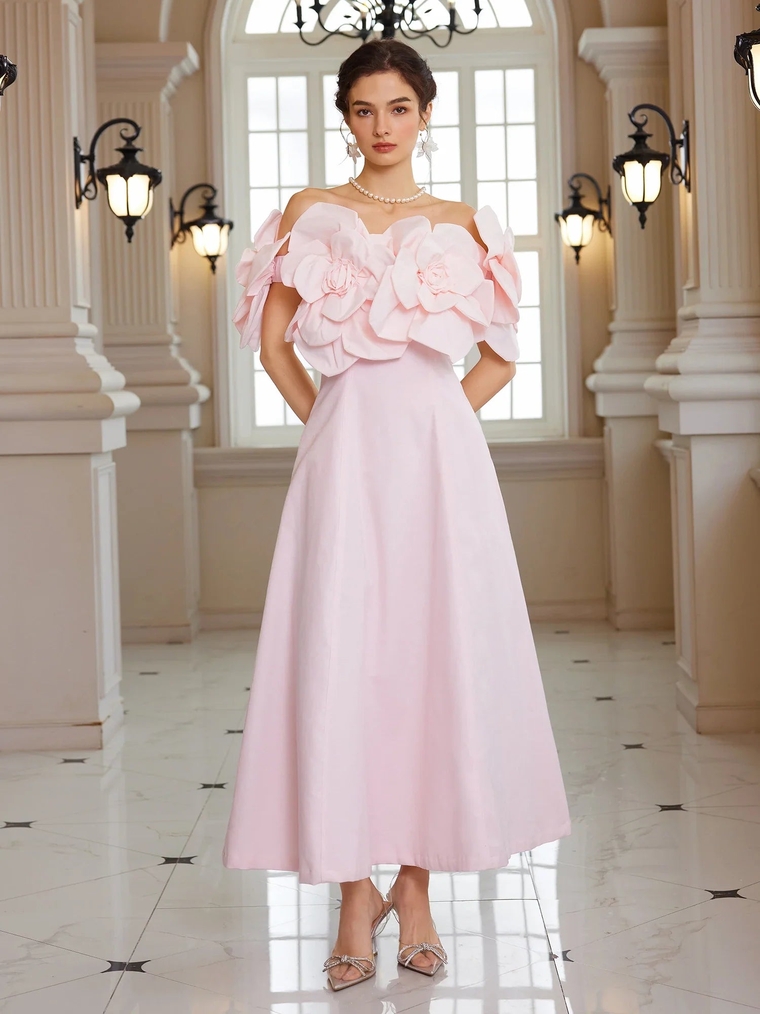Pink Bloom Off-Shoulder Maxi Dress|NOOSGOP