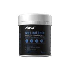 Nupex Cell Balance peptide capsules in a white container with 60 capsules for muscle recovery support