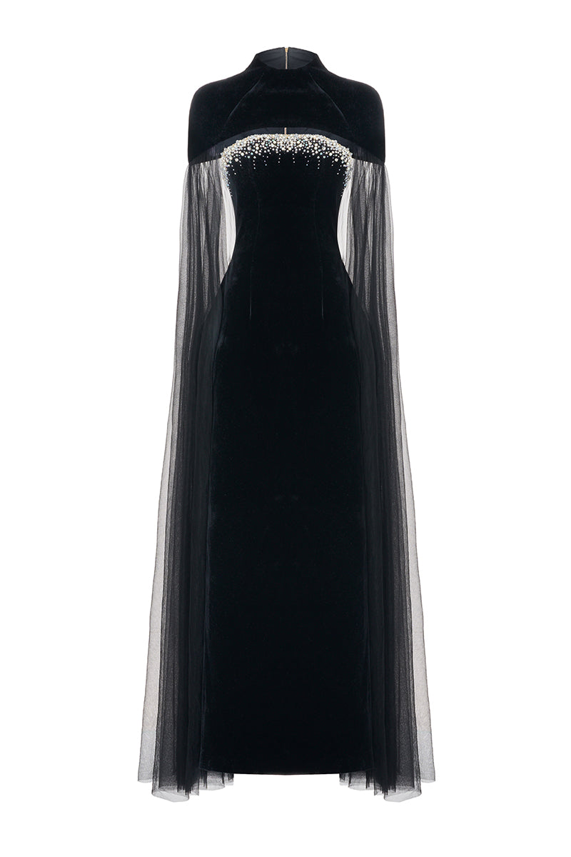 Black velvet maxi dress with cape details by Happy Clothing, featuring elegant flowing fabric and stylish cape accents.