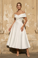 A - Line Satin Tea Length White Off the Shoulder Wedding Dress – Wedding Dresses by KissProm | Available at KissProm