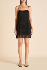 Lola Valentina Black Fringe Slip Dress in Silk Satin