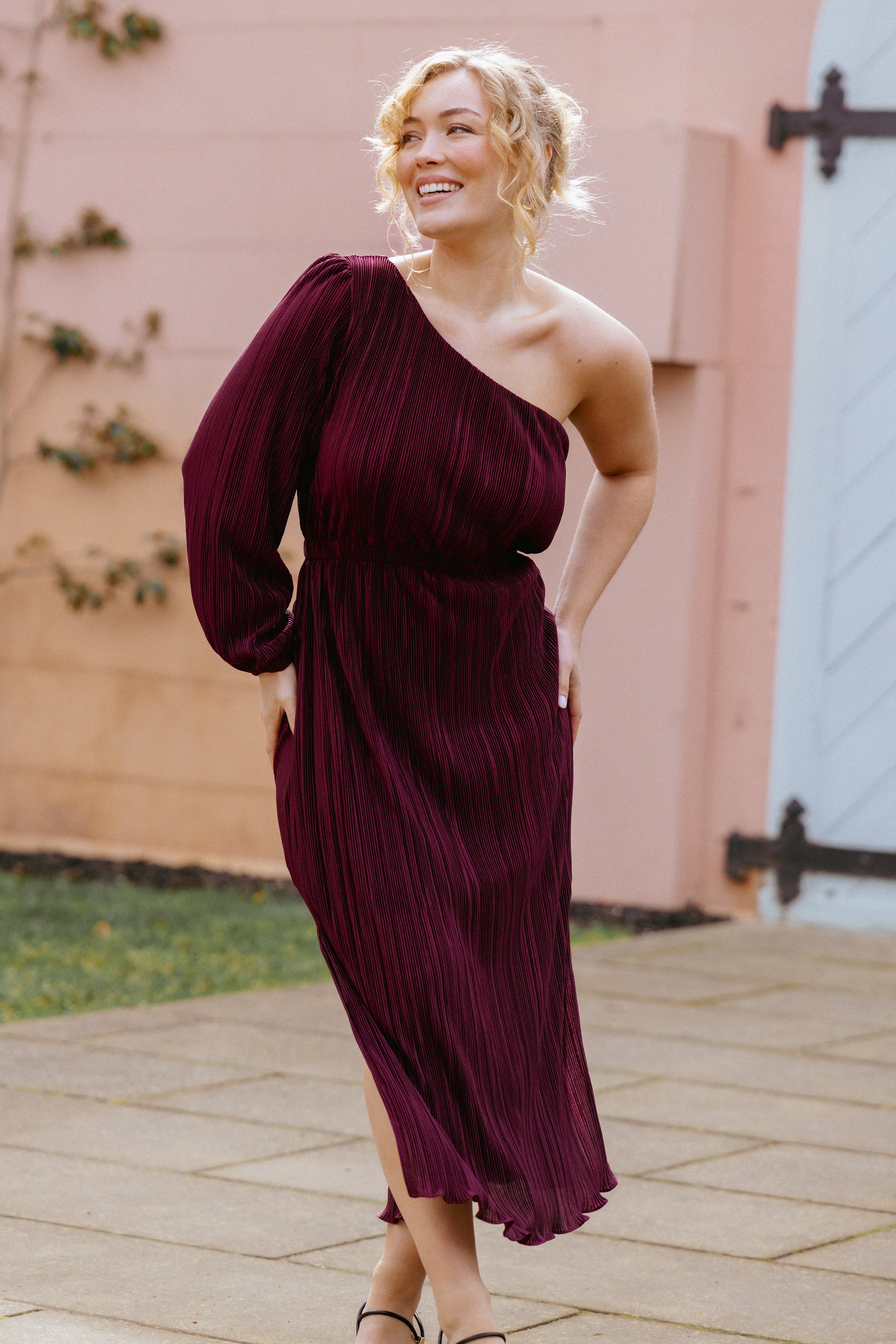 Petal and Pup USA DRESSES Pontee One Shoulder Pleated Midi Dress - Burgundy