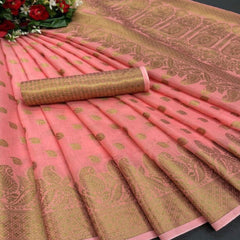 Pink Festive Wear Woven Cotton Saree With Zari Border - Peachmode