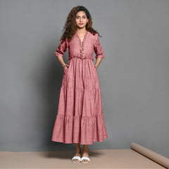 Pink Hand-Beaded Cotton Flax Boho Maxi Dress