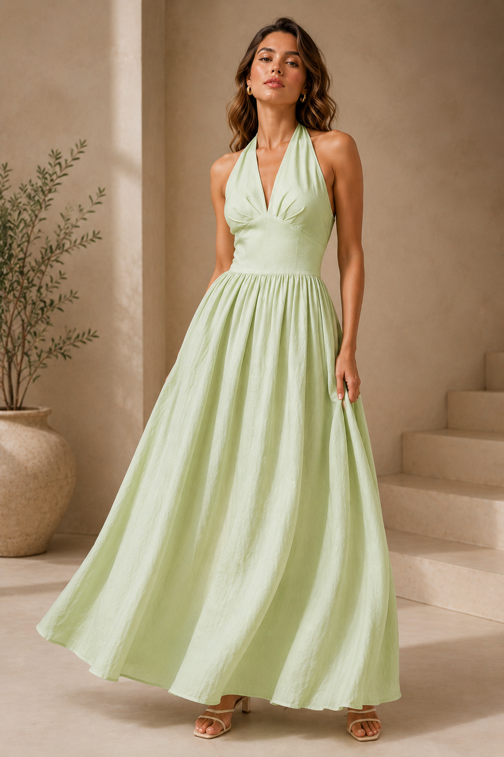 pista green maxi dress, high waist A-line maxi, summer A-line halter, Open back halter maxi dress with deep V neckline, high waist A-line maxi silhouette and breathable maxi dress flow for resort halter maxi vacations, brunch styling, and summer evening halter maxi looks, deep V open back maxi.