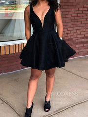 Plunging V Neck Little Black Dresses with Pockets Short Party Dress SD1287-Homecoming Dresses 2025 -Viniodress-Black-Custom Size-