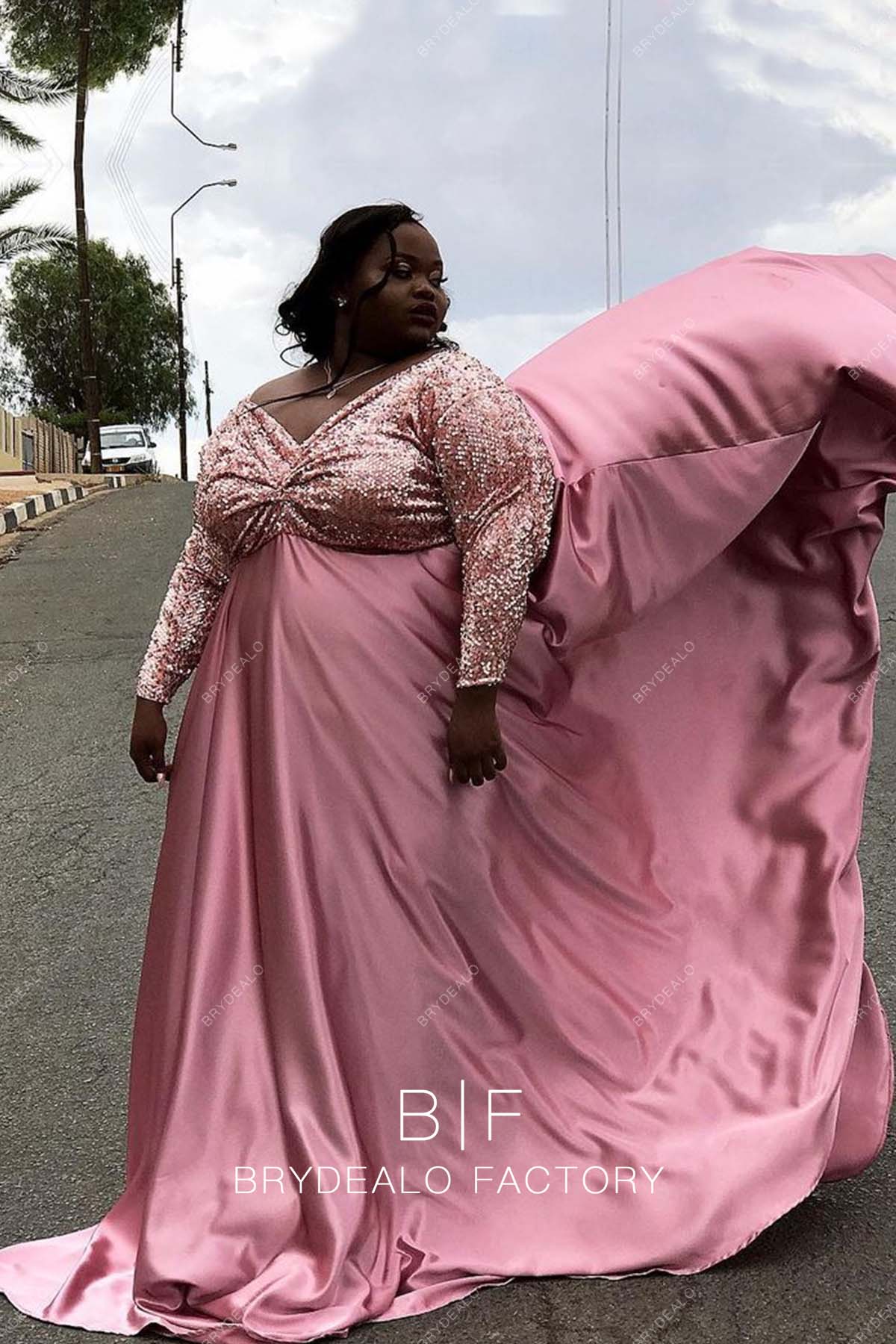 Rose Gold Sequin Plus Size Empire Charmeuse Prom Dress