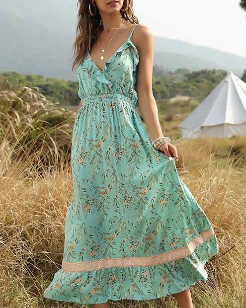 Ruffled Elastic Waist Boho Dress