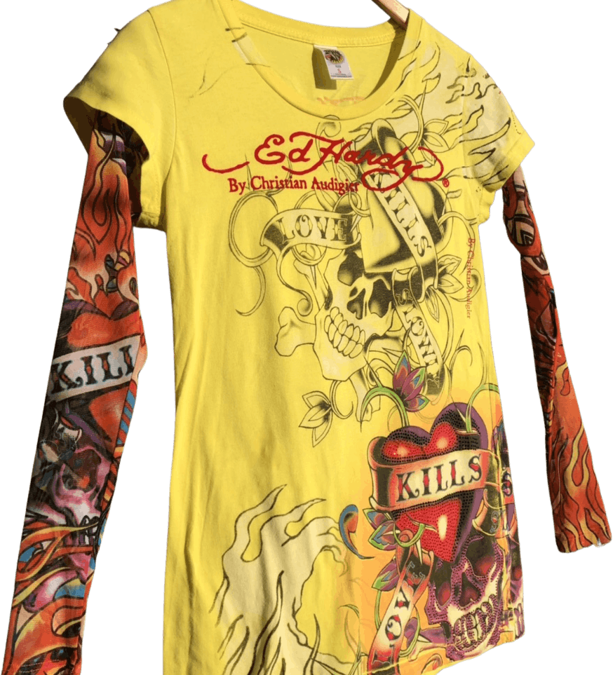 00's Tattoo Print Mesh Long Sleeve Shirt by Ed Hardy by Christian Audigier