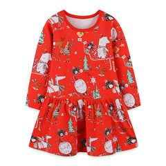 Baby Girl Cartoon Print Pattern Christmas Loose Long Dress, MyKids-USA®, Baby & Toddler Dresses, MyKids-USA - Size/Age - 90 (12-24M) - Color - Red - - - JM2209290045-A.