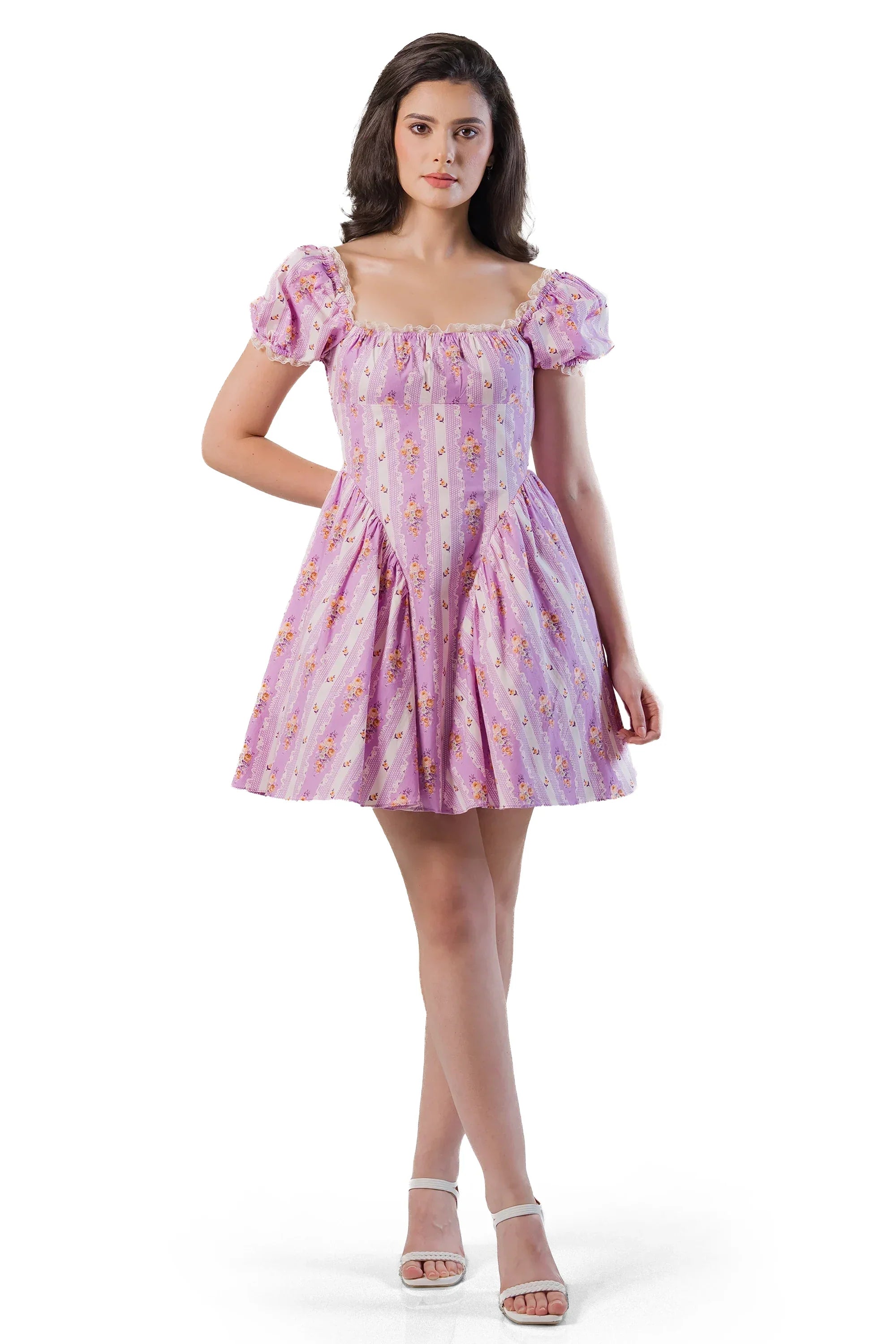 Pretty Pixie purple floral puff sleeve mini dress front