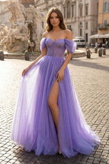 Purple Tulle Long A-Line Prom Dress Off the Shoulder Evening Party Dress - KISSPROM PROM DRESSES