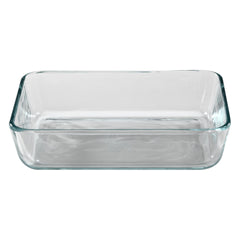Clear glass rectangular baking dish on a white background