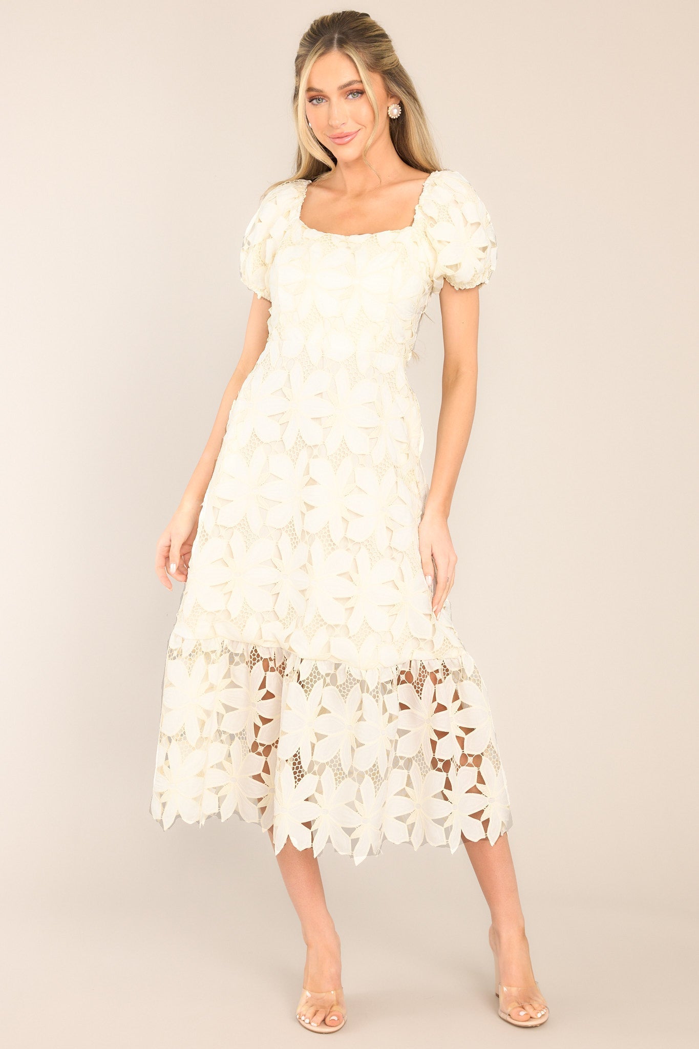 Rays Of Hope Ivory Lace Floral Midi Dress - Red Dress