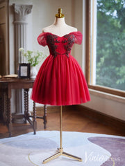 Red Beaded Lace Homecoming Dresses Off the Shoulder Graduation Dress BJ055-prom dresses 2025 -Viniodress-Red-Custom Size-