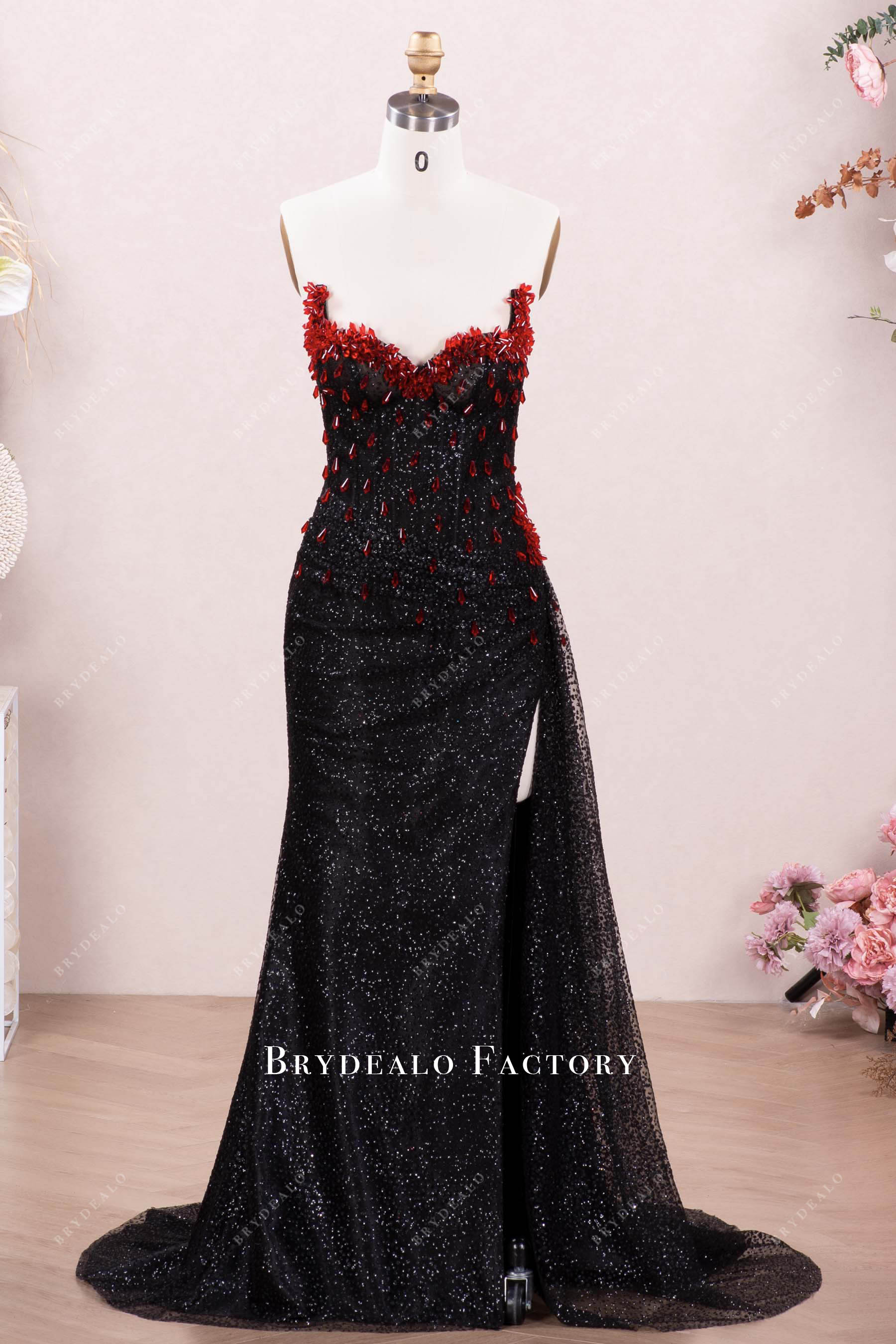 red black glitter leg slit prom dress
