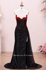 red black glitter leg slit prom dress