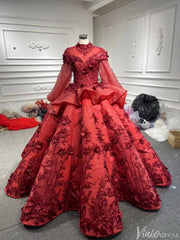 Red Floral Princess Dress Wedding Ball Gown 66878 Long Sleeve,High Neck-prom dresses 2025 -Viniodress-Red-Custom Size-
