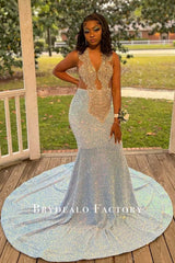 Iridescent Sequin Rhinestones Plunging Neck Prom Dress