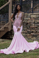 Rhinestones Pink Sleeveless Plunging Neck Mermaid Prom Dress