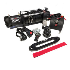 Black Rockarmor GT steel electric winch with synthetic winch rope and accessories in bullbar combo pack for Mitsubishi MR Triton