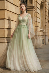 Sage Long Sleeves A Line Tulle Prom Dress With Appliques – Prom Dresses by KissProm | Available at KissProm