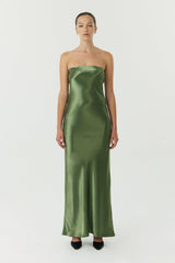 SATIN TIE BACK STRAPLESS MAXI | OLIVE