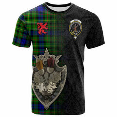 Scottish Rollo Clan Crest Tartan T-Shirt - Half Thistle Flowers Celtic Design Front Side Tartan Plaid
