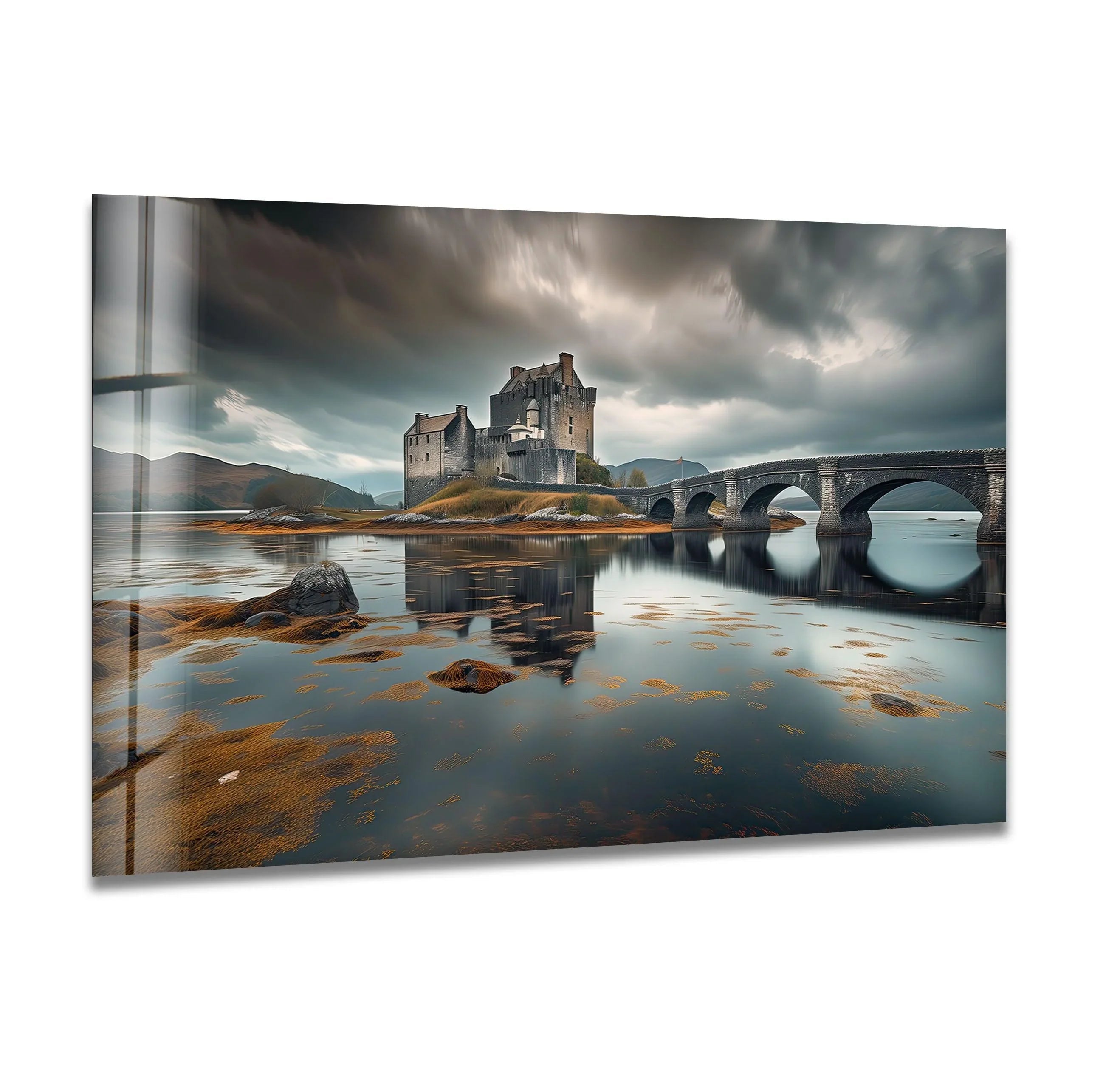 Dramatic stormy clouds loom over distant Scottish highlands, enhancing this captivating print wall art.
