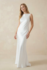 Sheath High Bateau Neck Backless Silk Satin Wedding Dress – Wedding Dresses by KissProm | Available at KissProm