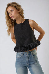 black tweed sleeveless top with ruffled hem