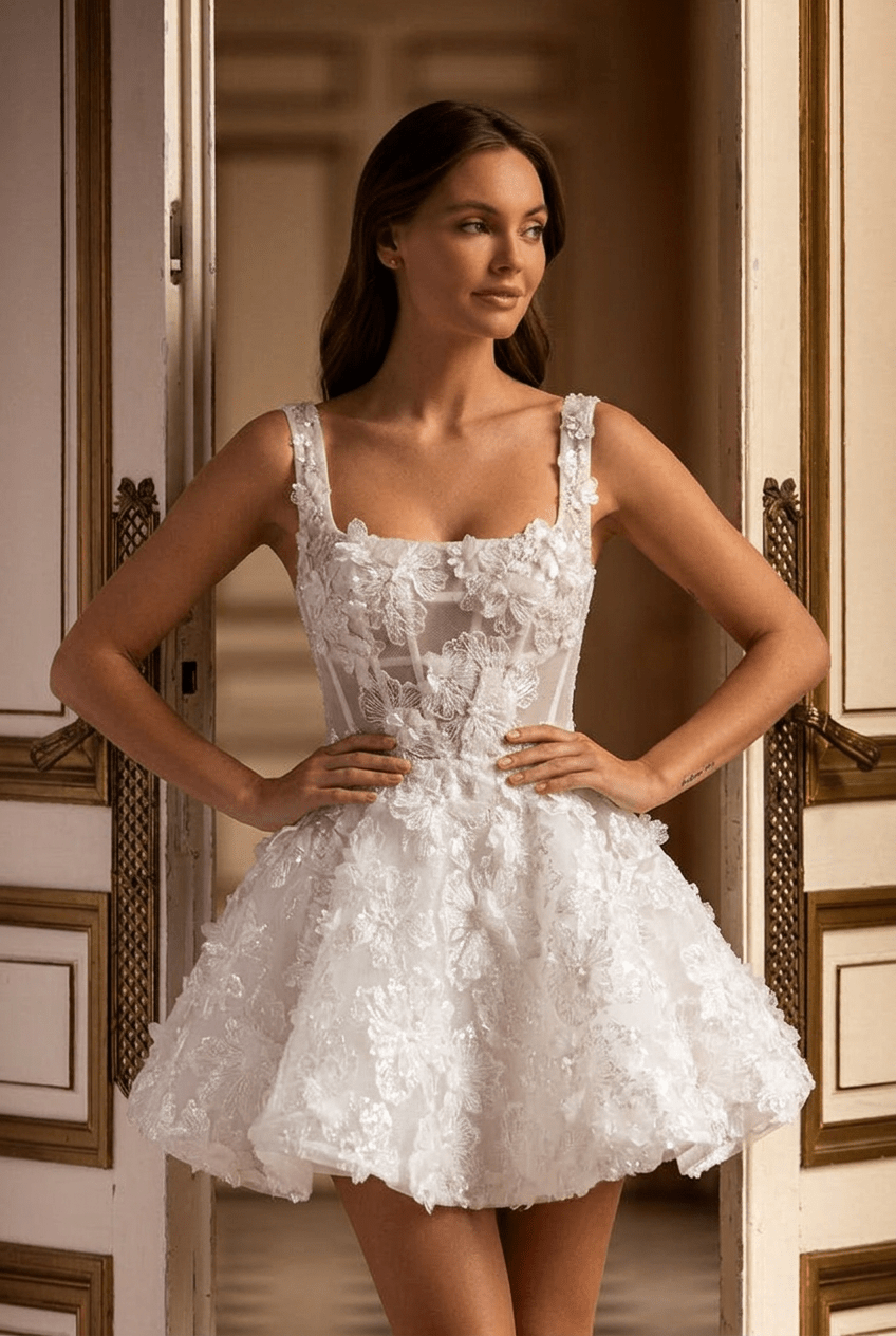 Short Floral Appliqué Wedding Dress with Corset Bodice and Straps – Bridal White Mini Dress Plus Size - WonderlandByLilian
