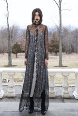 Vanessa M. IMG Model Wendy Nichol Clothing Designer Made to Order Custom Tailoring Made to Measure Handmade in NYC New York City Fashion Runway Show AW16 13 Incarnations Black French Solstiss Lace High Collar Dress Coat Jacket Victorian Edwardian Gothic Long Sleeve Lace Cut out Sheer Transparent Mother of the Bride Bridesmaid Wedding Dress Cover Shawl Cape Vampire Dracula