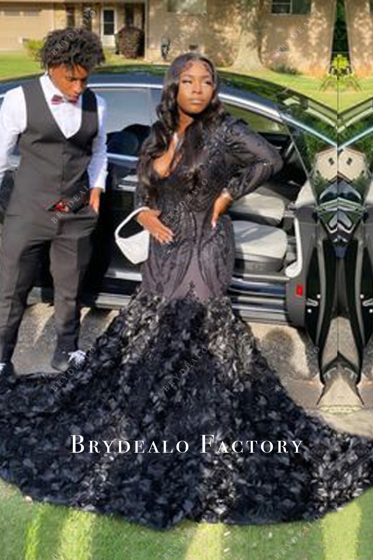 Plus Size Black Long Sleeve Sequin 3D Rose Prom Dress