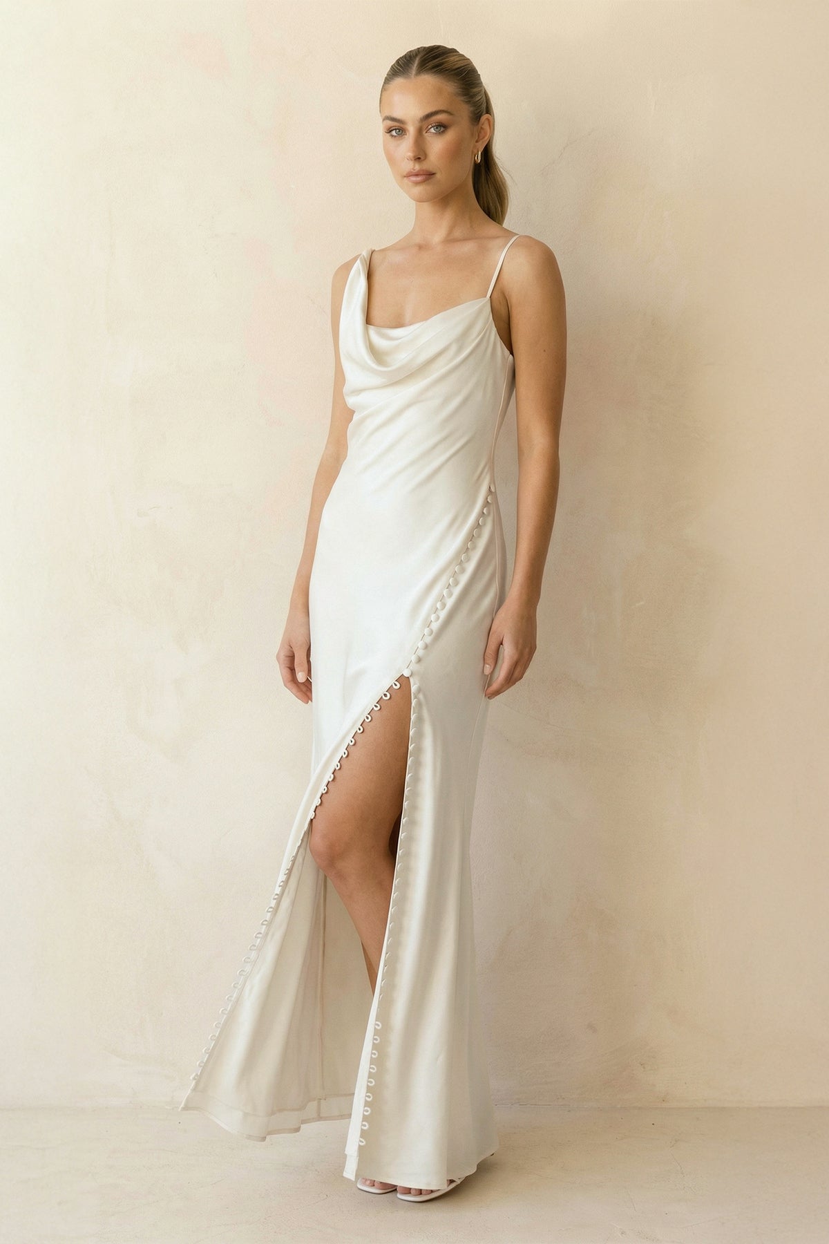 Cowl Neck Ivory Sheath Satin Wedding Dresses with Button Slit